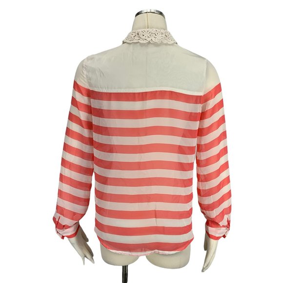 Lauren Conrad Small Blouse Semi Sheer Crochet Collar Stripe - Picture 3 of 6